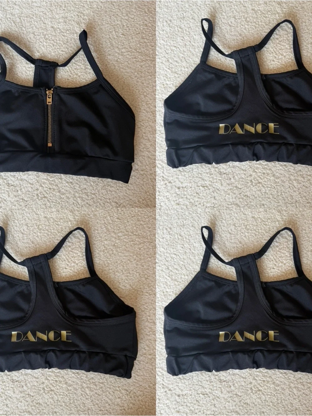 Youth Large Black Dance Zip-Front Sports Bra with Gold Logo